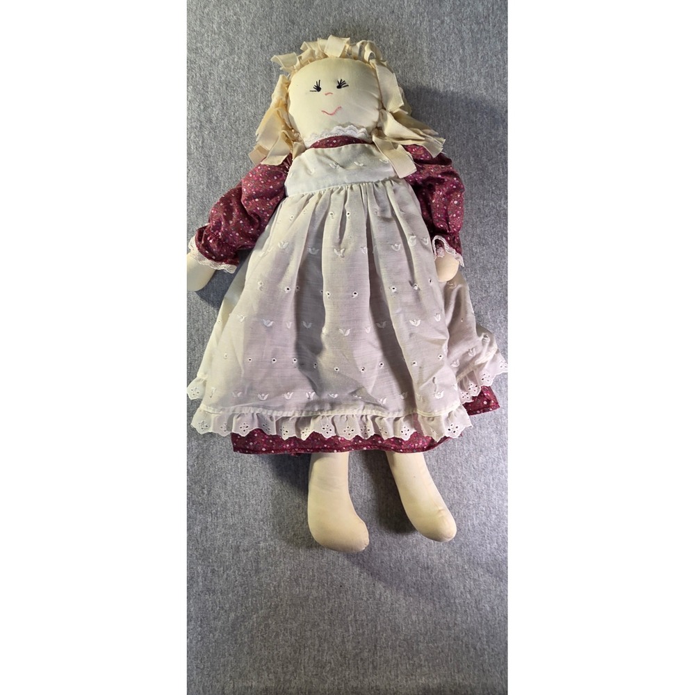 Handmade Primitive Rag Doll Burgundy Floral Dress White Eyelet Apron 21 Inch